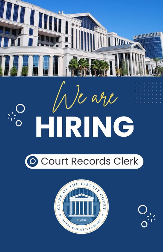 Duval County Courthouse with a now hiring banner