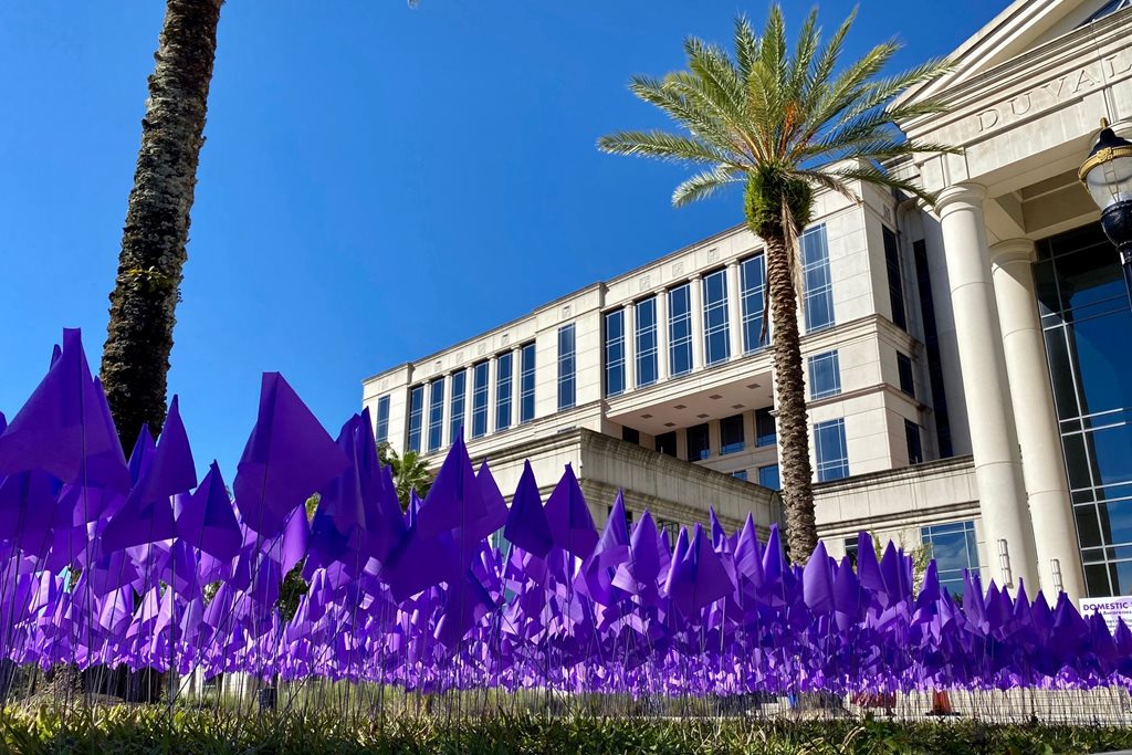 Purple flags planted on the Courthouse lawn