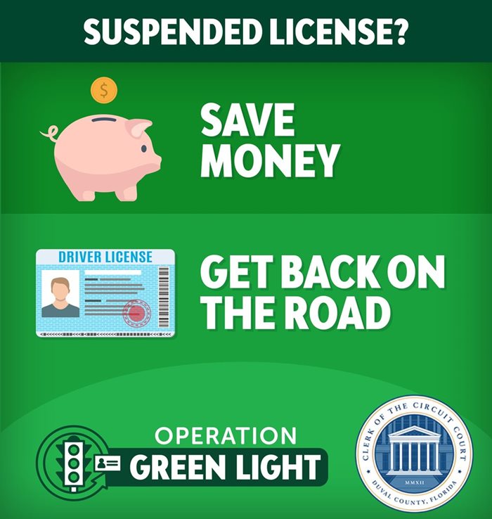 Green flyer showing an image of a piggy bank, a driver's licesnse, and the operation green light log